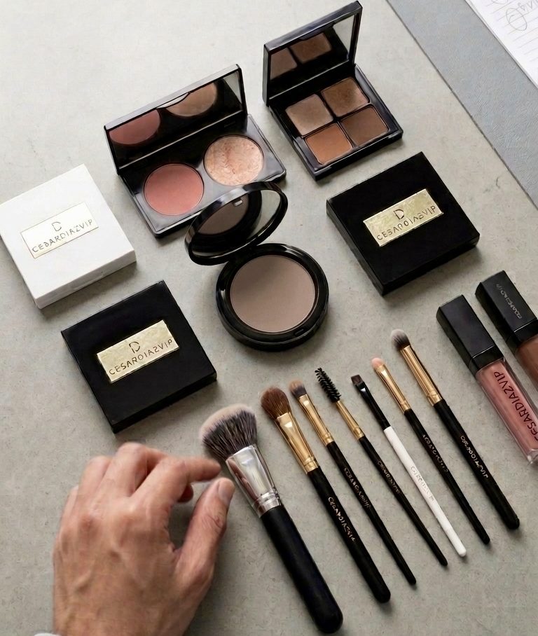 Cesardiazvip cosmetics Various cosmetics including lipsticks, blush, powder, and brushes arranged on a wooden surface.